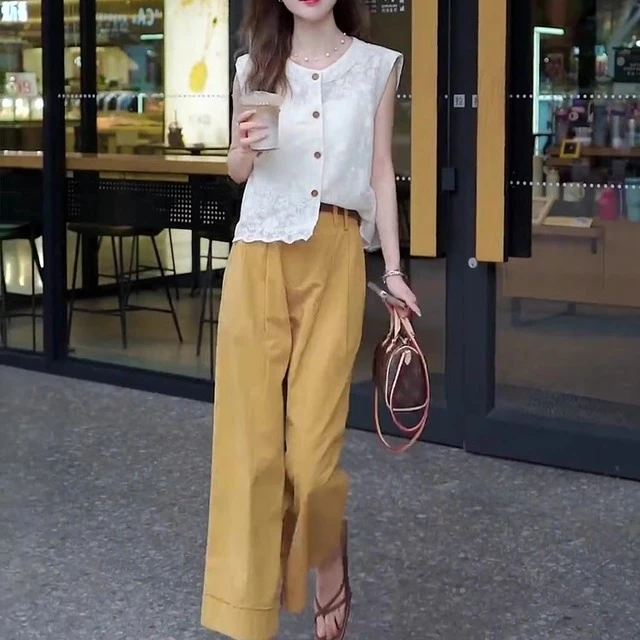 夏装搭配一整套时尚微胖减龄穿搭镂空上衣九分休闲裤显高两件套装