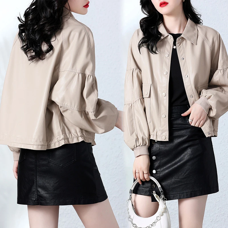 22100皮衣外套女2023新款短款春秋港风复古宽松pu机车小皮夹克款