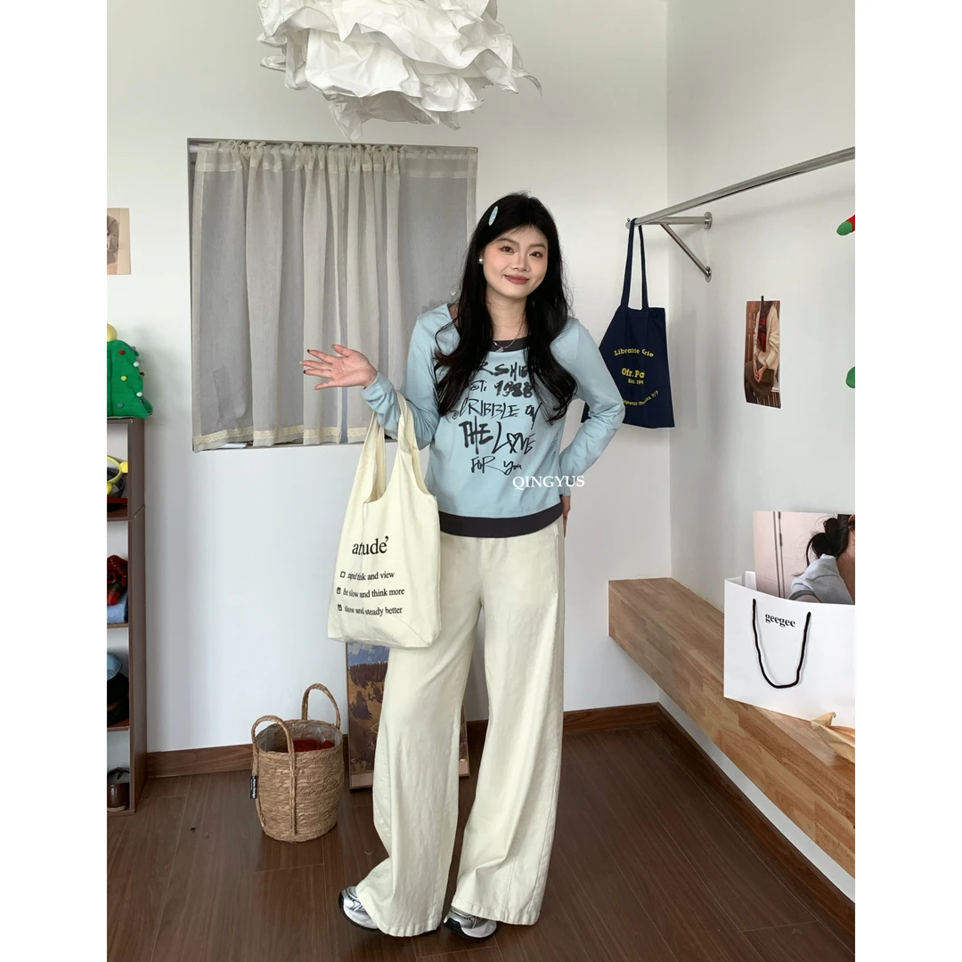 QINGYUS-拼接假两件圆领印花正肩长袖微胖显瘦大码女装气质T恤