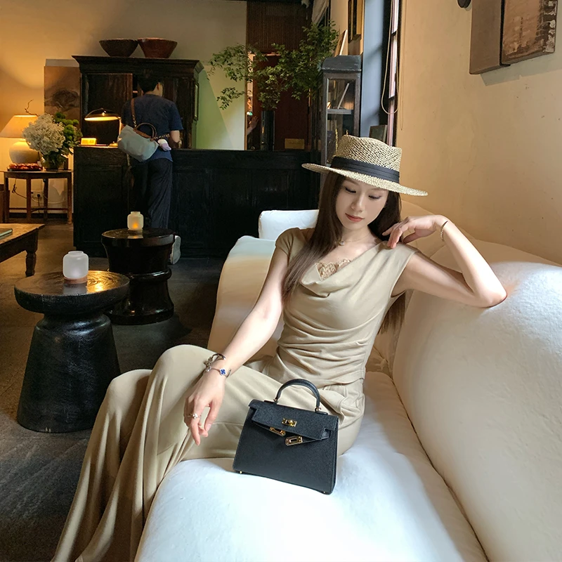 本希benxe/美女日常 褶皱假两件蕾丝拼接短袖+阔腿裤套装