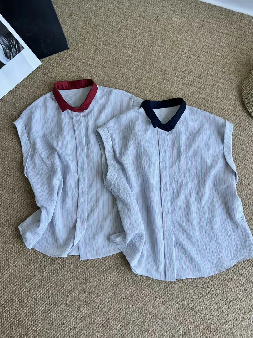 阿玉家&领拼色休闲衬衫宽松显瘦设计感别致百搭通勤衬衣#7175