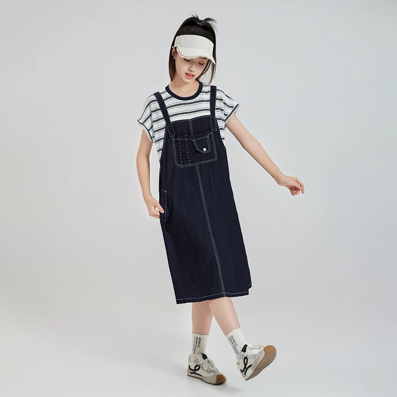 初中生夏季牛仔裙假两件薄款高中学生少女连衣裙学院风大童背带裙