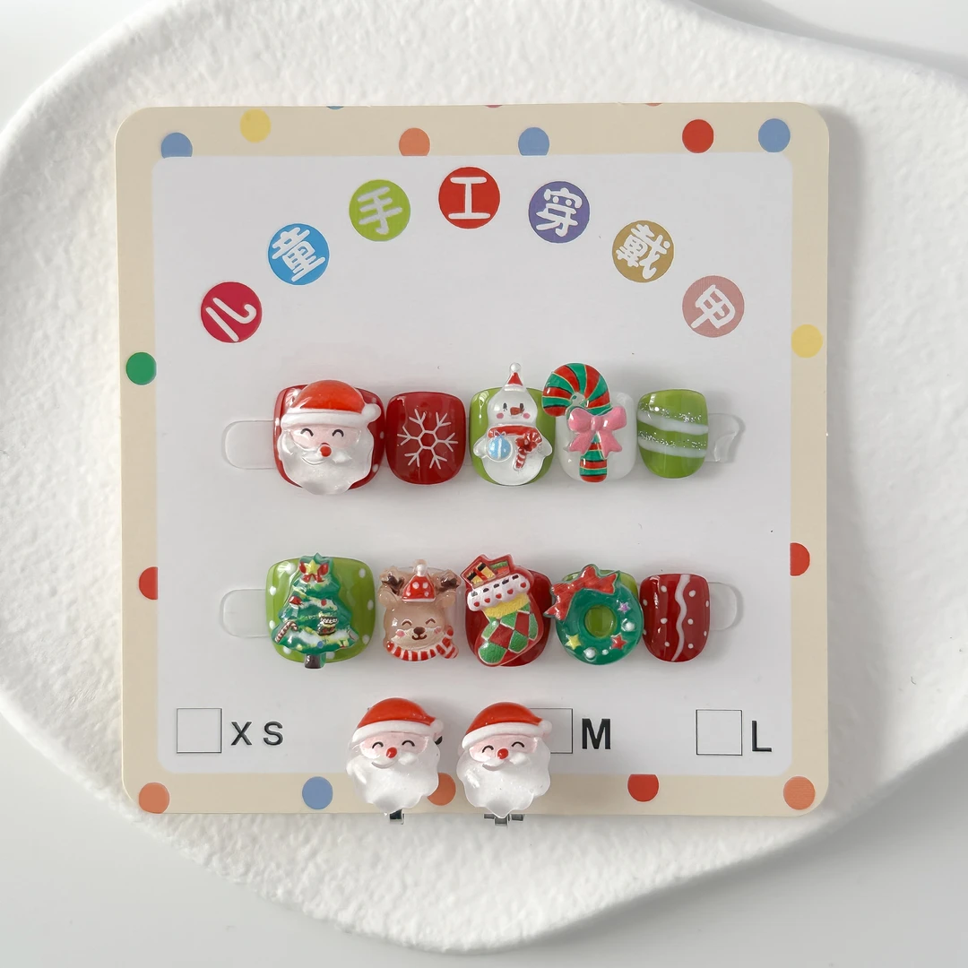 （圣诞款）圣诞节可爱卡通穿戴甲纯手工耳夹款美甲贴品2-10岁小朋友