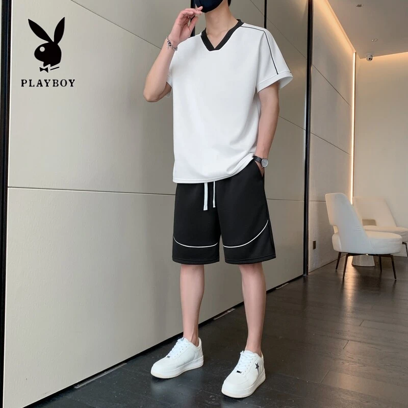 花花公子休闲运动套装男士夏季潮牌v领短袖t恤五分裤搭配短裤穿搭