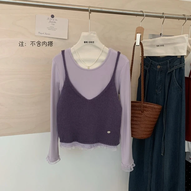 3882韩版新款纯色百搭简约设计感针织吊带背心外穿内搭上衣