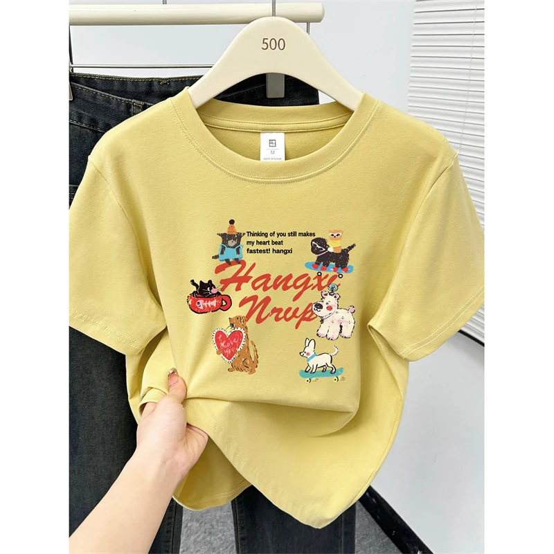姜黄色圆领大码女装胖mm趣味印花正肩短袖T恤2025夏季新款上衣服
