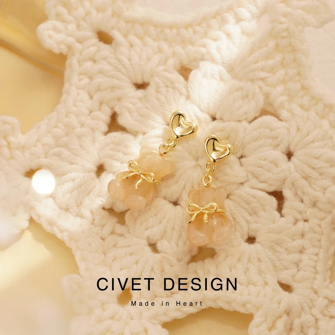 合金树脂耳饰 秋冬新款奶香熊仔糖耳钉耳夹女甜美可爱百搭学生