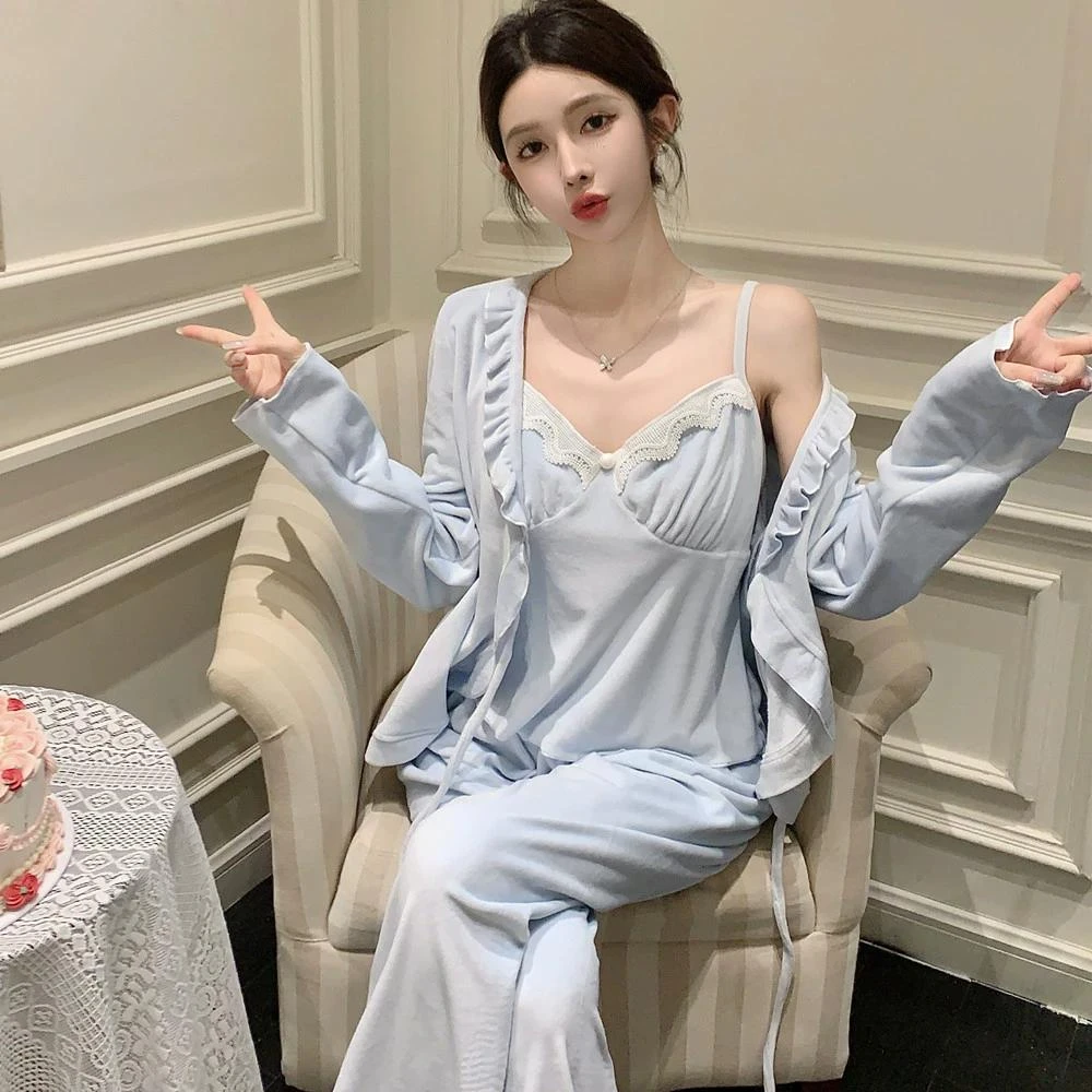 睡衣女秋冬季带胸垫海岛绒韩版三件套甜美纯欲外穿家居服柔软保暖