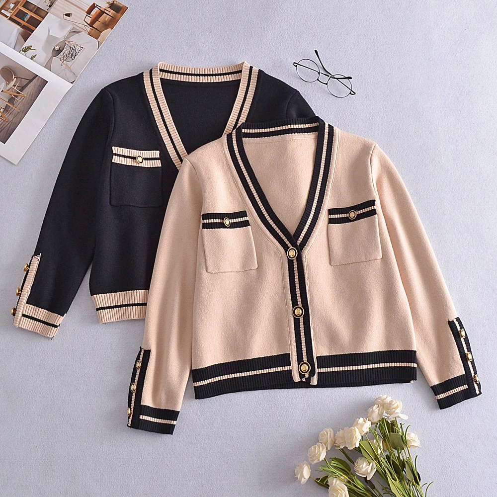1-6250小香风拼色V领针织开衫外套女春秋款高级感法式百搭上衣