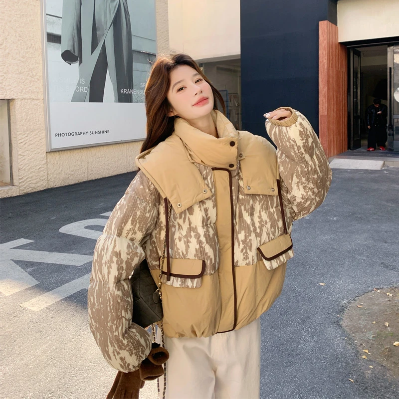 休闲风设计感撞色印花羽绒服2025冬装新款保暖加厚韩版ins面包服