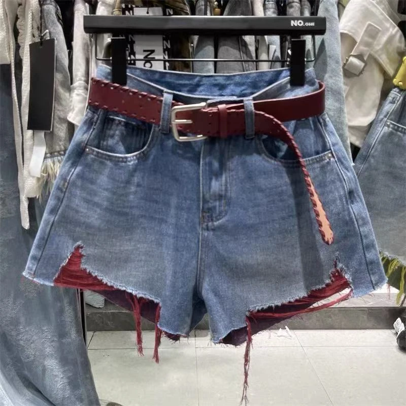 糖果色破洞拉丝牛仔热裤女2025夏季新款时尚高腰宽松A字阔腿短裤