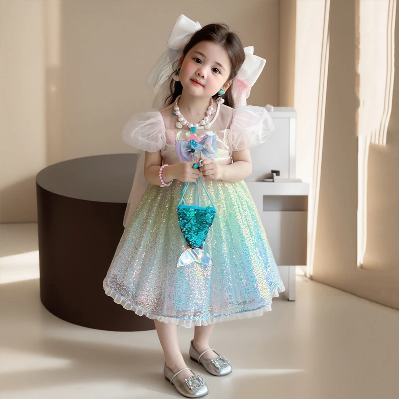 2025夏季新款女童洋气公主裙女孩夏装美人鱼六一儿童洋气网纱裙子