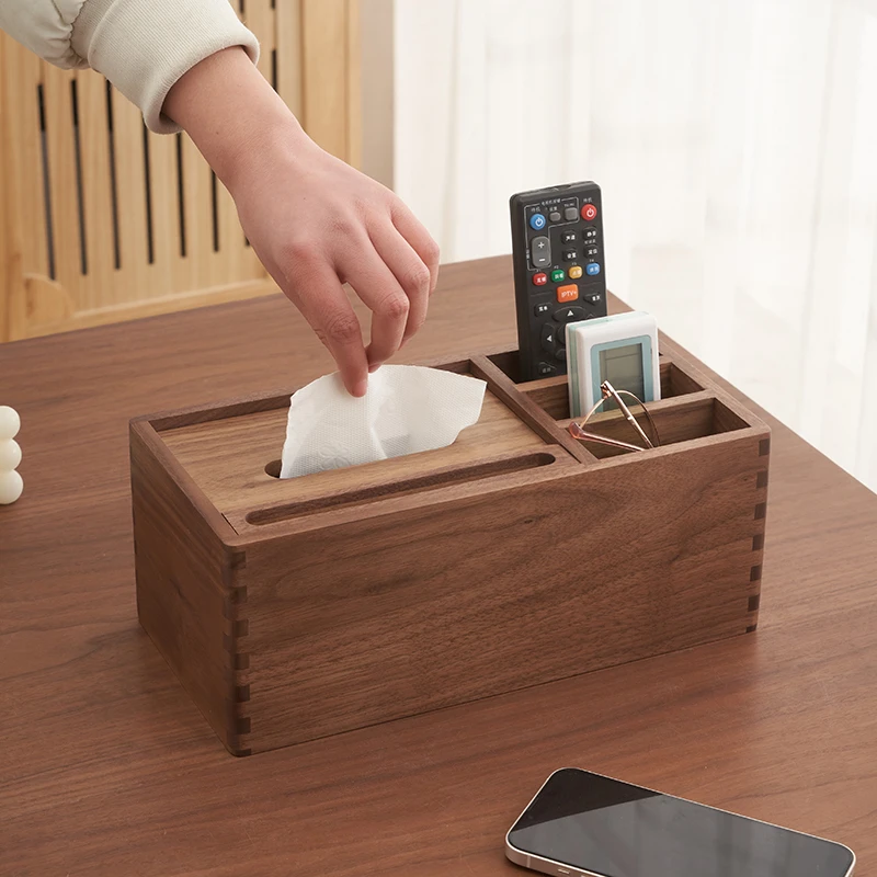 北美黑胡桃实木三格收纳多功能纸巾盒遥控器收纳客厅轻奢抽纸盒