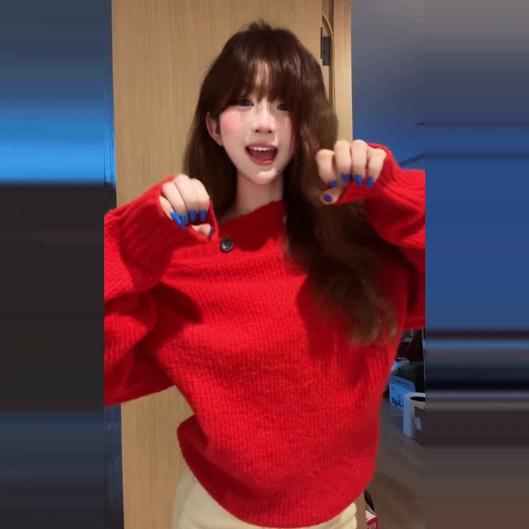 秋冬氛围感穿搭一字肩轻熟减龄红色毛衣女复古百搭露肩显瘦针织衫