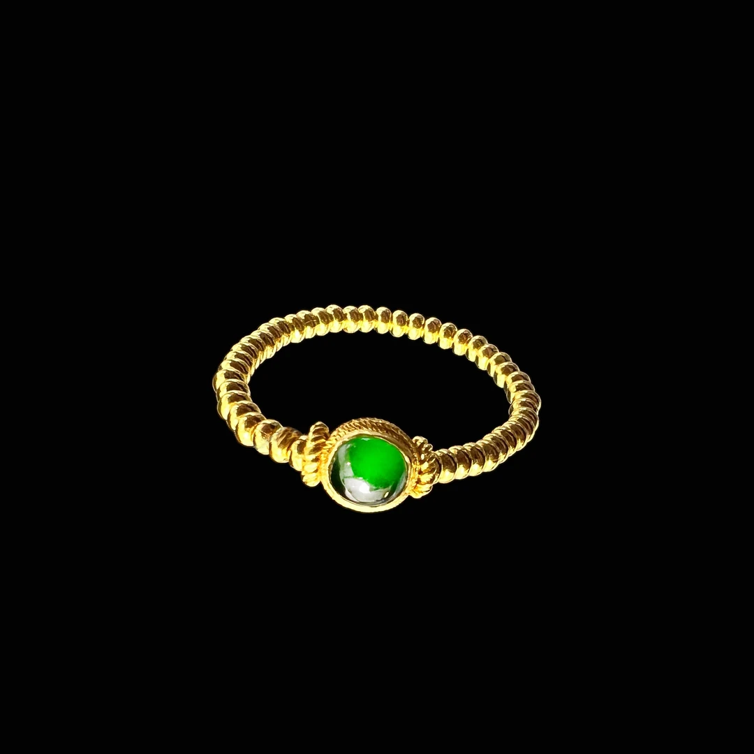 足金翡翠戒指 珠径1.8 圈口12-13 金约1.3g