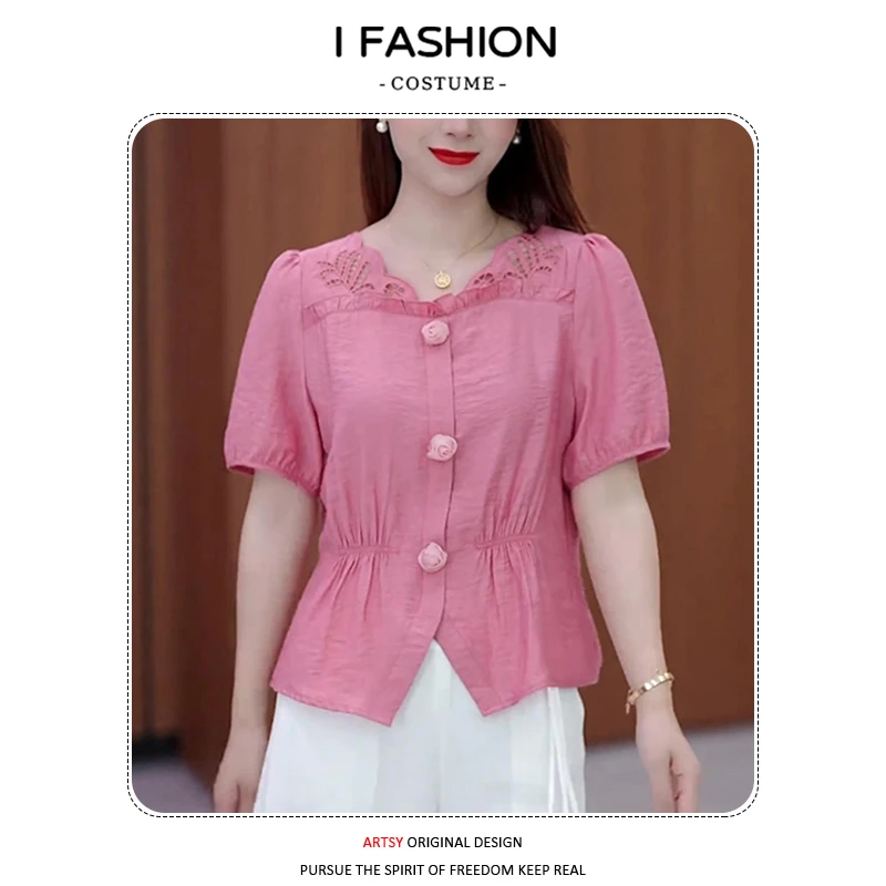 时尚气质短袖衬衫女2026年夏季新款减龄洋气镂空收腰显瘦百搭上衣