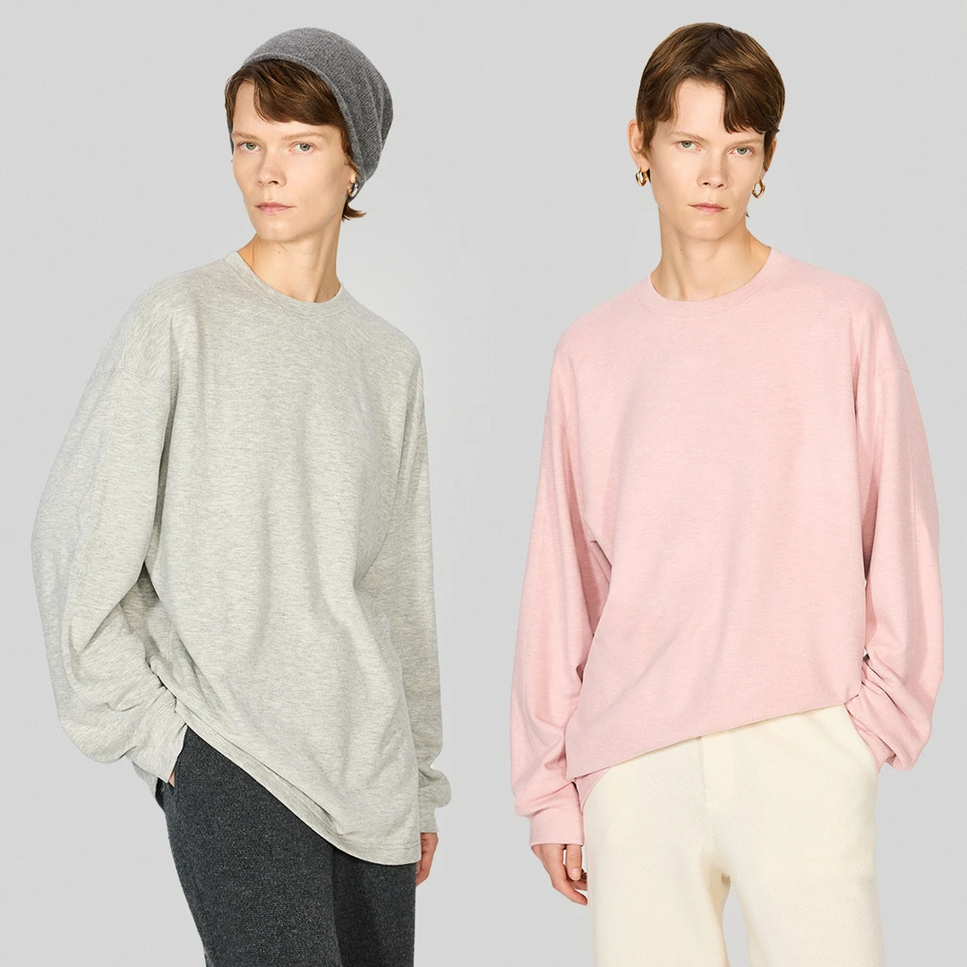 KEIGAN/开间细腻高支长绒棉宽松落肩马蹄袖圆领温暖磨绒长袖T