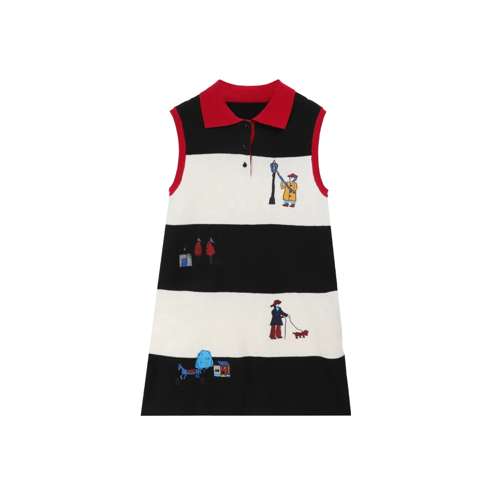 RAQZ53005夏季小众宽松翻领趣味卡通刺绣图案无袖时尚显瘦连衣裙