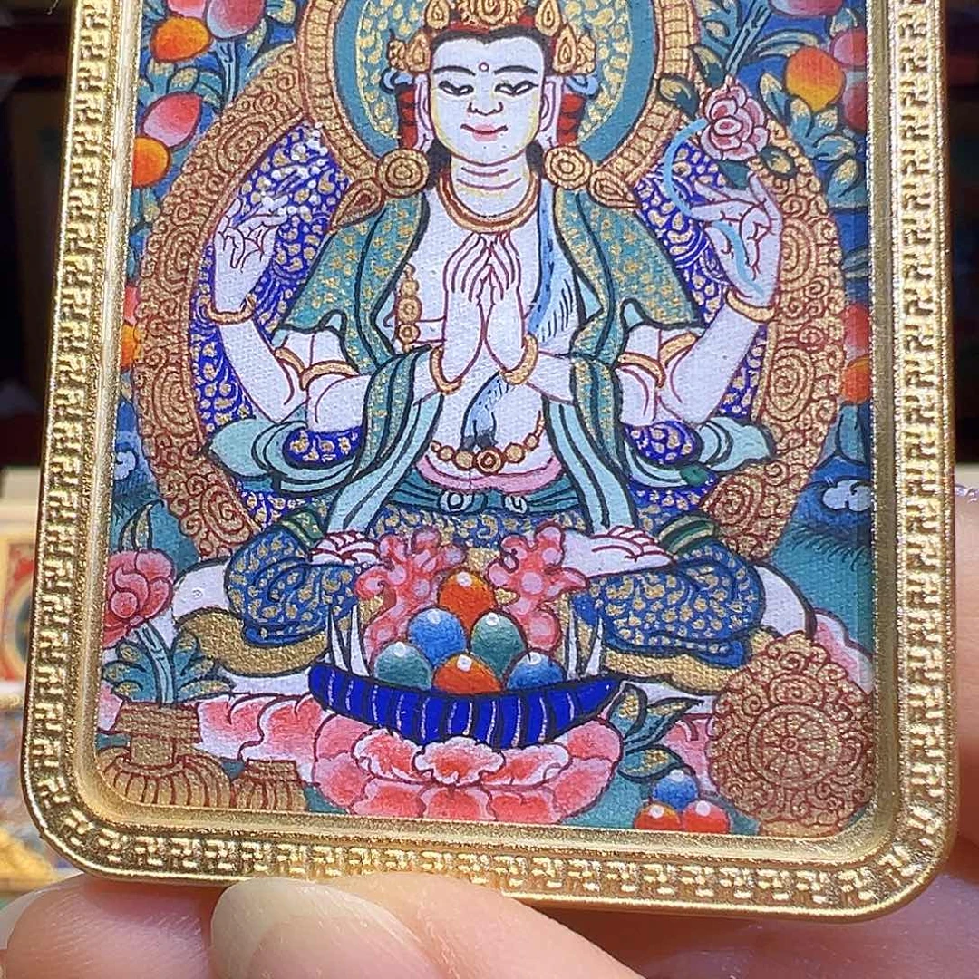 吊坠手绘热贡唐卡四臂观音