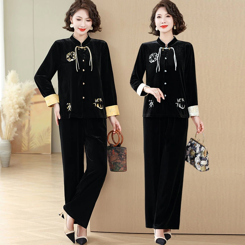 中年妈妈装秋季新中式国风洋气质两件套中老年女装春装金丝绒套装