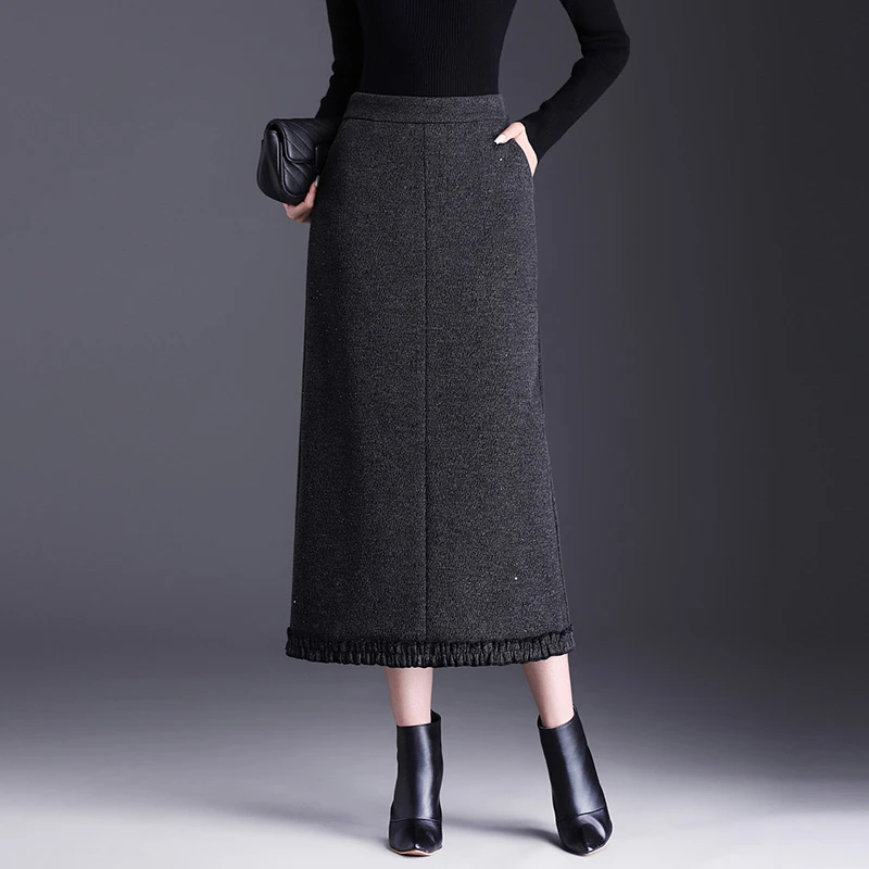 木耳花边包臀半身裙女秋冬气质长裙小香风亮片裙子冬裙开叉一步裙