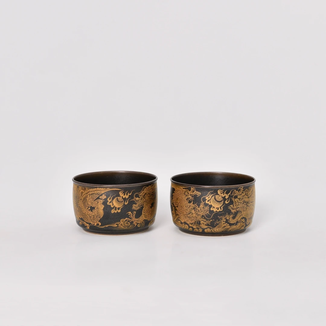 九段烧妙手燔功银星釉龙凤双龙玉璧杯景德镇手工瓷器礼物240ml