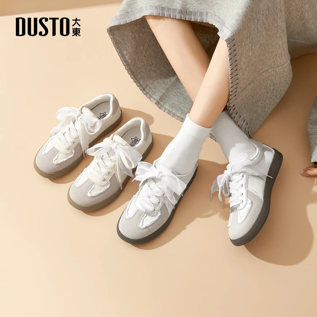 大东德训鞋女鞋2025秋季新款休闲平底低跟圆头双拼系带蕾丝7741