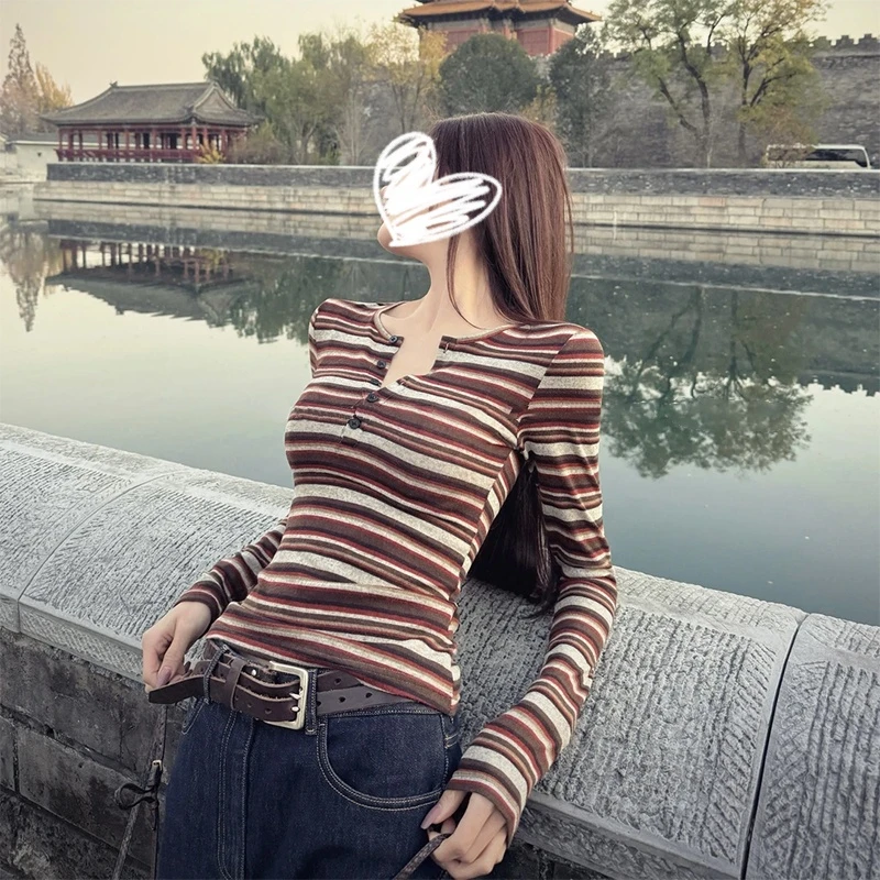设计感小众内搭撞色条纹长袖T恤女装秋冬季打底衫修身不撞款上衣