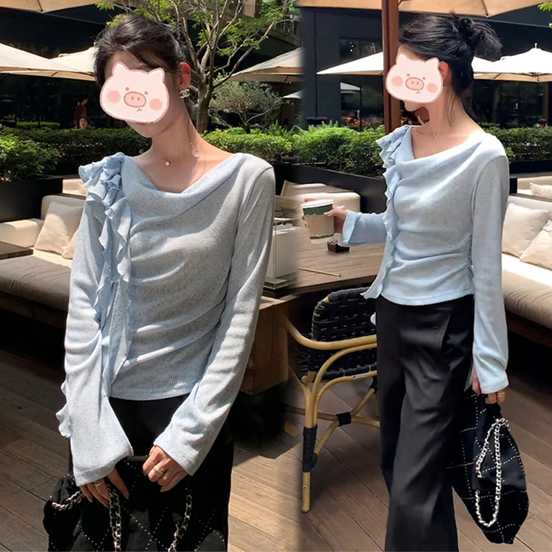 法式新款轻熟纯欲立体装饰飘带宽松T恤上衣花苞半裙两件套装女潮