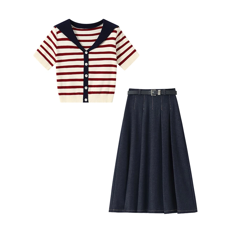 夏季穿搭一整套女新款条纹海军领短袖T恤牛仔百褶裙子两件套2045