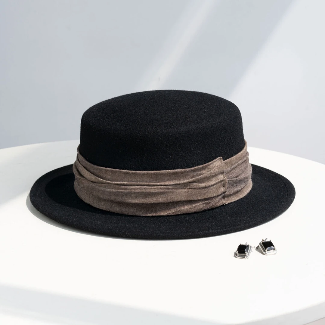 疯帽子 2025秋冬新款复古纯羊毛平顶礼帽褶皱丝带英伦风平顶帽女