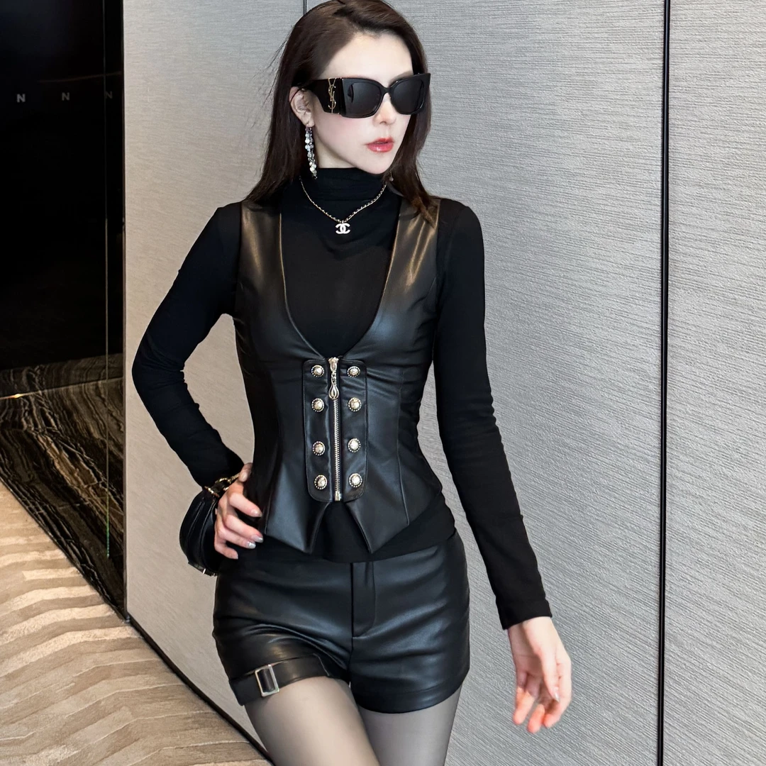 【辣欲捕手】弹力气质时尚假两件拼接马甲半高领打底上衣SY-0249