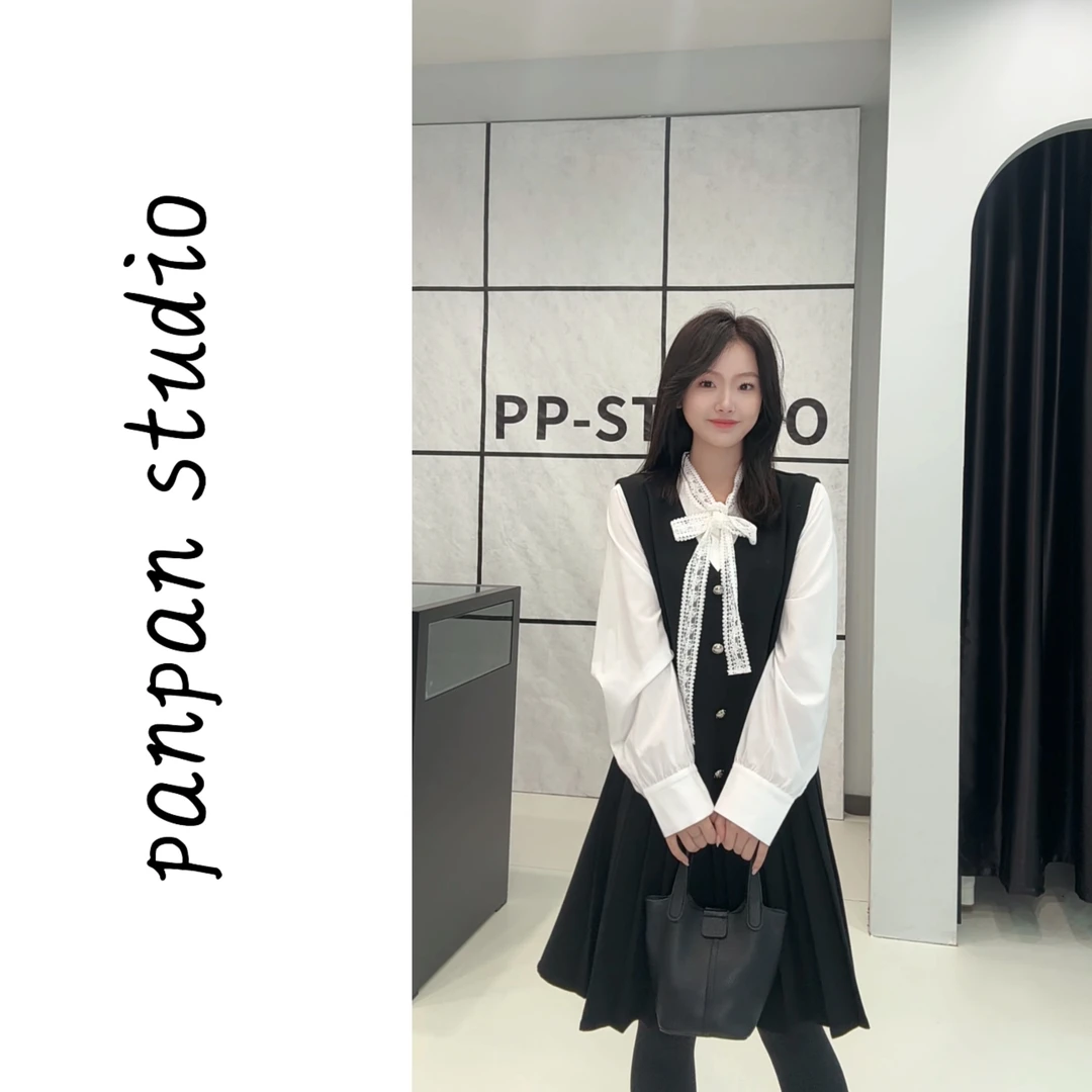 潘潘/2025早春新款韩系设计感气质显瘦假两件拼接A字裙摆连衣裙