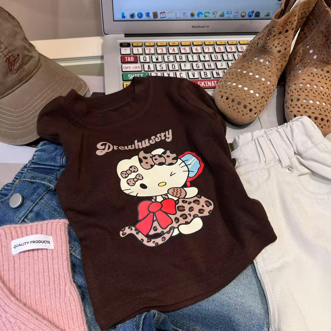 X.M美式早古感！可爱又有生命力豹纹Kitty女童长袖Tee250811