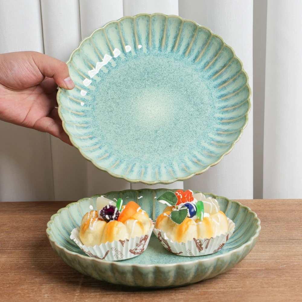 【正品】深盘釉下彩陶瓷盘子家用窑变翠绿高颜值家用菜盘K3A