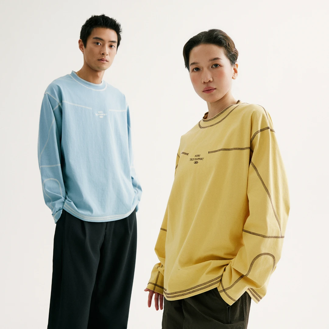 NORYBRAND 24SS字母刺绣撞色明线结构设计长袖 圆领宽松T恤打底衫