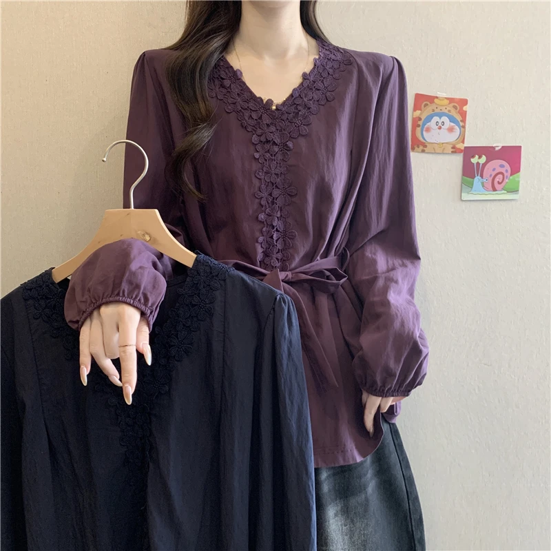 法式小众立体花朵泡泡袖V领衬衫女秋季大码胖mm收腰系带显瘦上衣