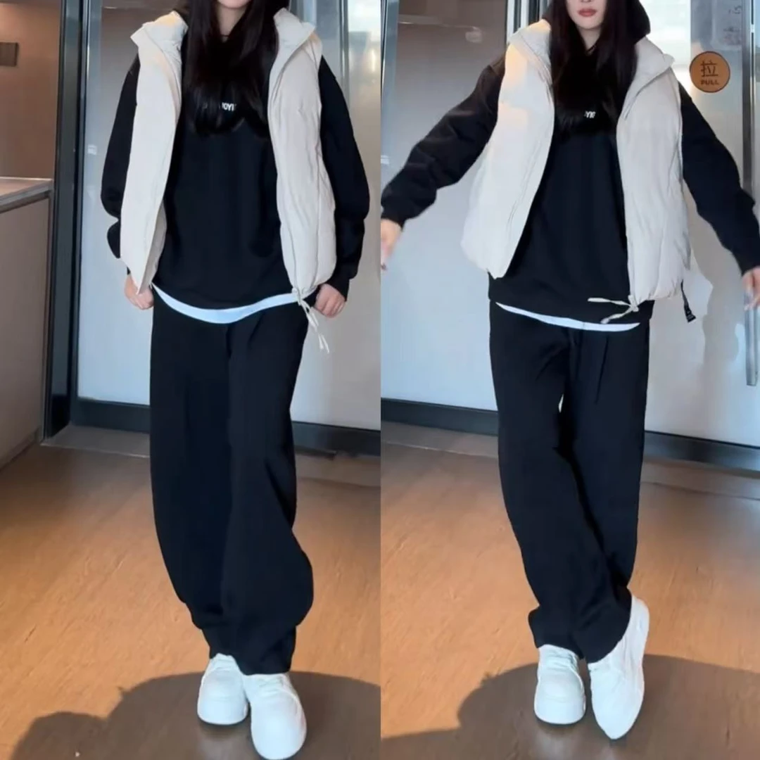 秋冬新款连帽百搭长袖字母卫衣松紧腰休闲裤情侣套装两件套