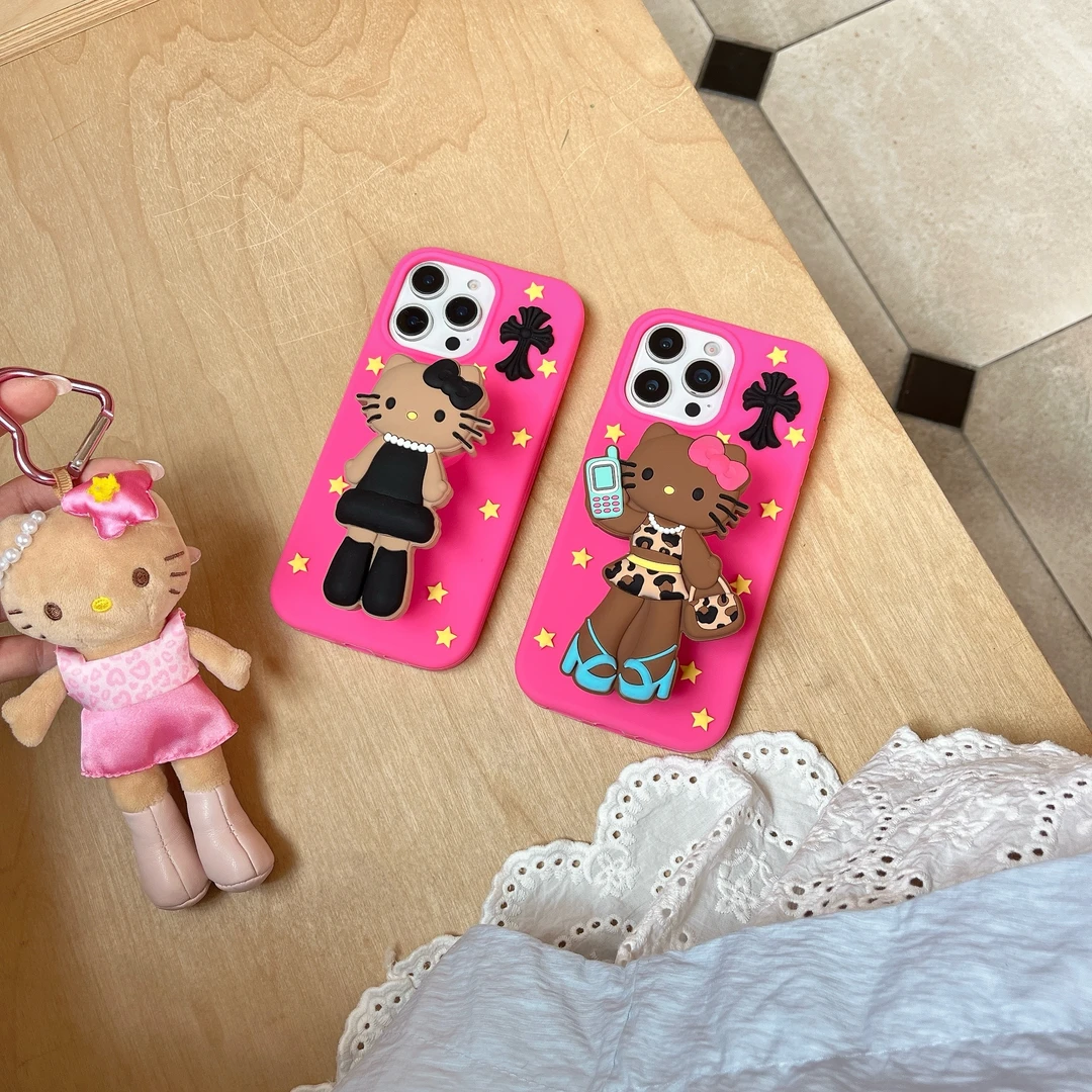 夏日可爱豹纹KT支架适用苹果16手机壳创意防摔iPhone15硅胶软壳13
