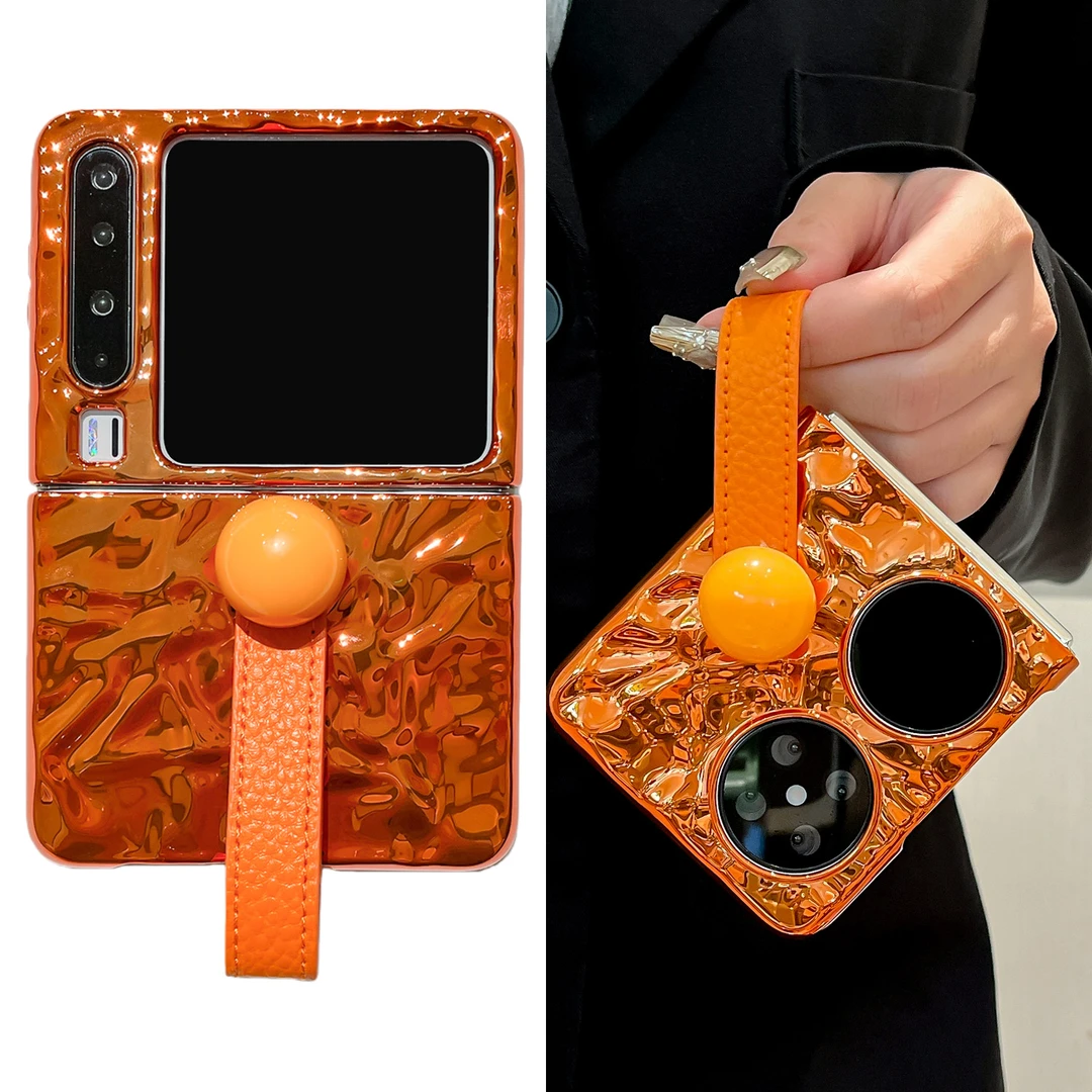 适用华为purax手机壳橙色电镀圆珠手带pocket2折叠小米荣耀保护套