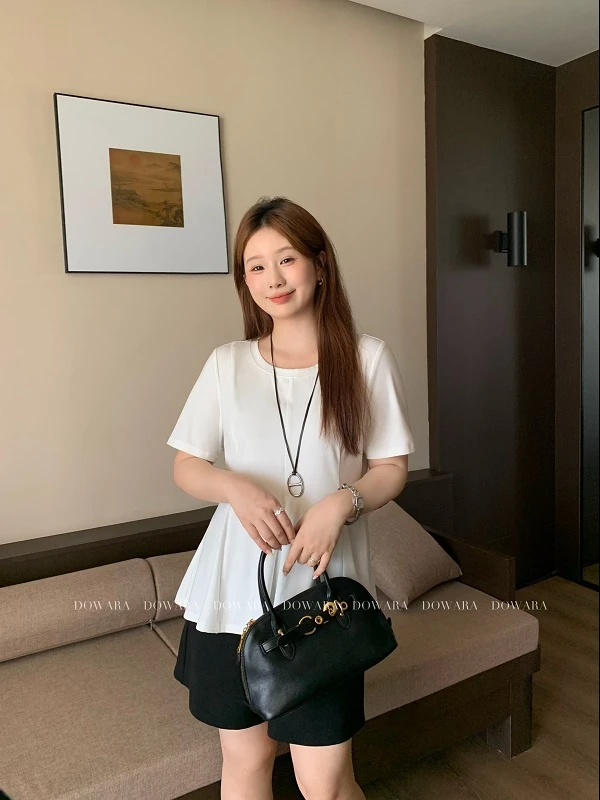 现货9418X大婉酱肉肉微胖定制【百褶T】圆领休闲下摆百褶设计感上衣