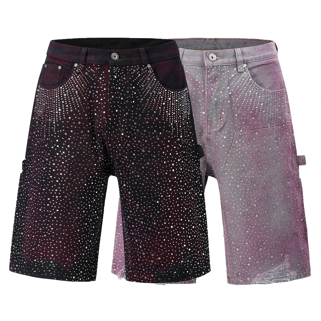 美式高街borc风格镭射烫钻满钻牛仔七分裤男潮牌ins小众CB短裤子