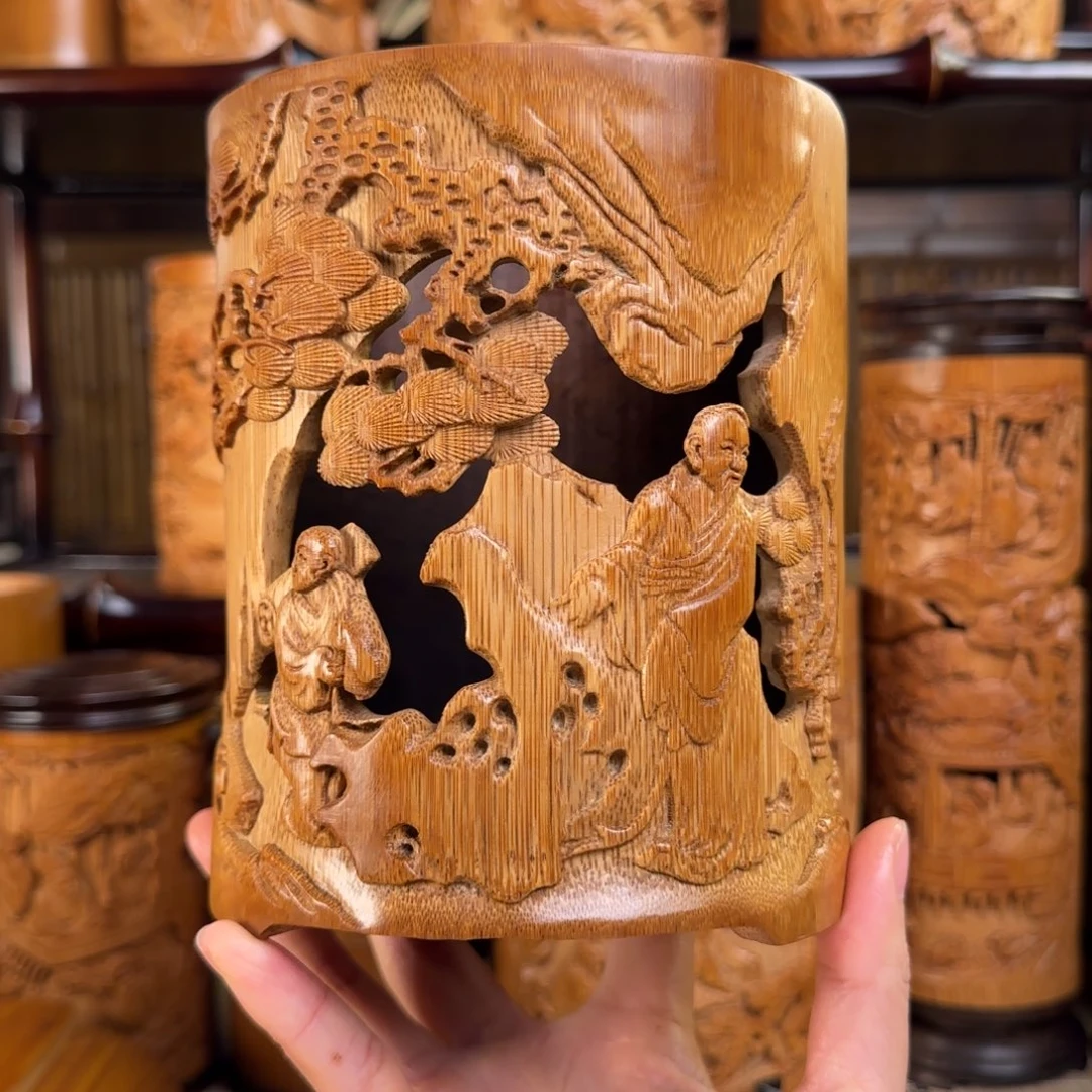 竹手工雕刻松下听泉