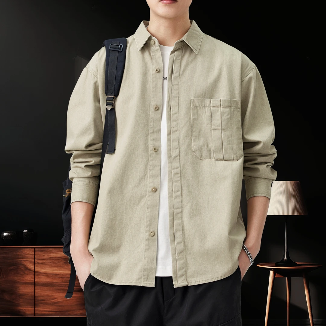 秋季新款美式复古240g重磅纯棉长袖衬衫男潮牌高级感宽松休闲外套