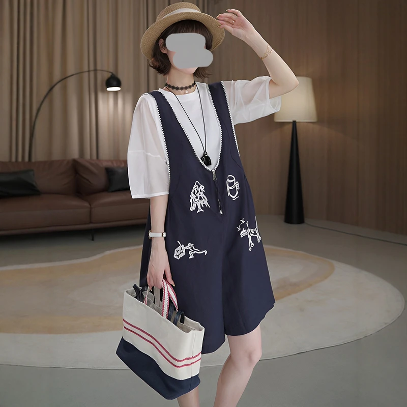 气质休闲刺绣背带裤套装女2025夏季新款韩版小个子简约T恤两件套