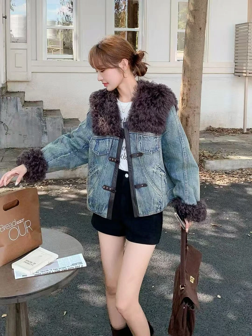 张肉肉6098牛仔毛毛领棉服