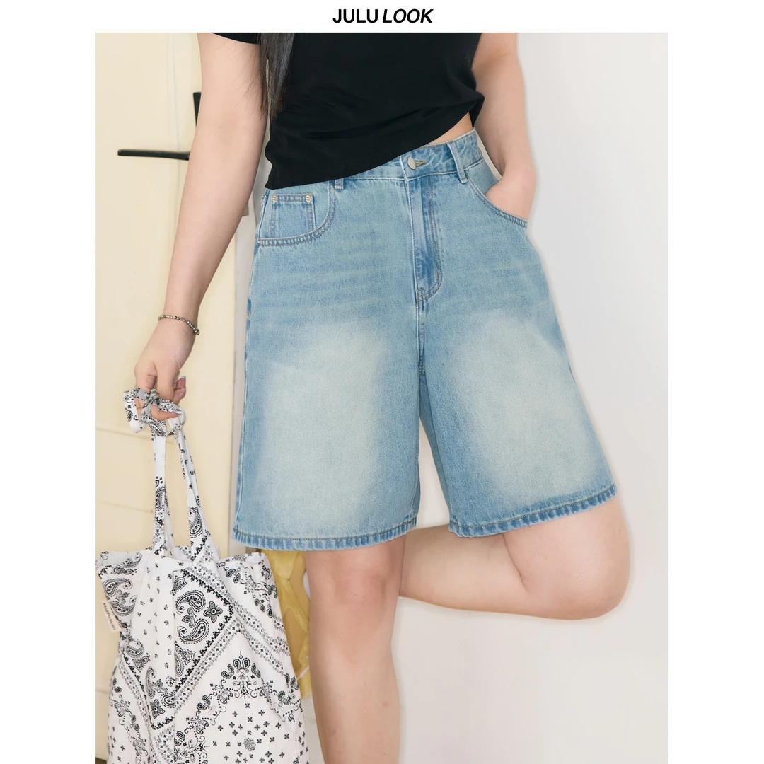 巨鹿工作室“日光少年”微胖mm美式休闲水洗做旧牛仔裤大码五分裤