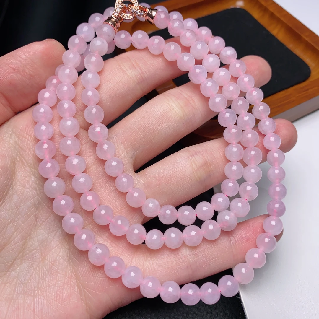 缅甸天然a货翡翠冰种粉紫罗兰圆珠项链卡6.5mm粉色天然粉