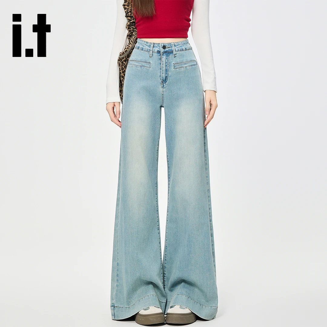 i.t izzue潮流白色牛仔裤女秋季新款宽松直筒休闲长裤子女潮牌1M