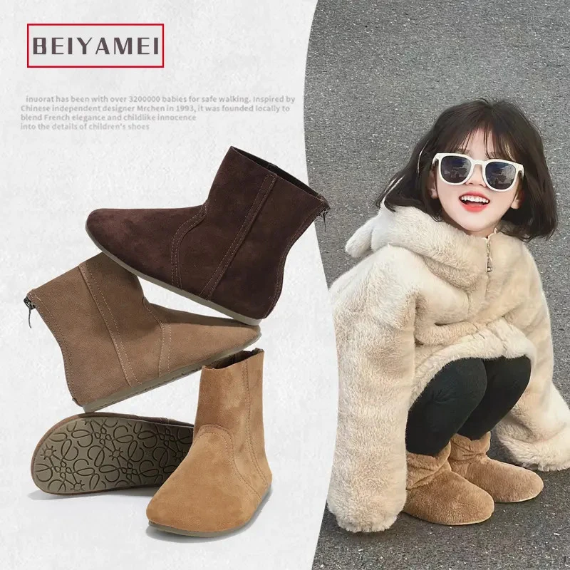 女童真皮小黄靴韩版短靴25秋冬加绒款棉靴小女孩公主靴3-6岁小童